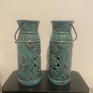 Turquoise Decorative Ceramic Lantern Pair with Handles